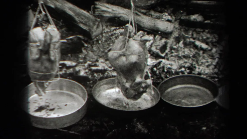 The 8mm frame shows suspended poultry over metal pans, with sticks, ash, and uneven wooded ground visible beneath the cooking setup.