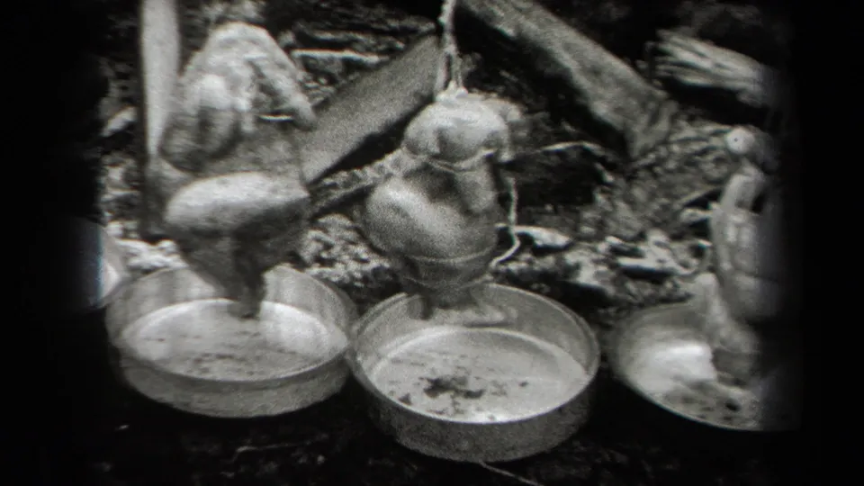 In this 1938 New York home-movie frame, whole chickens appear suspended above metal pans at a rustic outdoor cooking site.