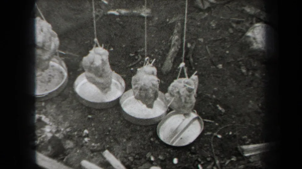 1938 New York home-movie frame showing several whole chickens suspended by strings above metal pans outdoors.