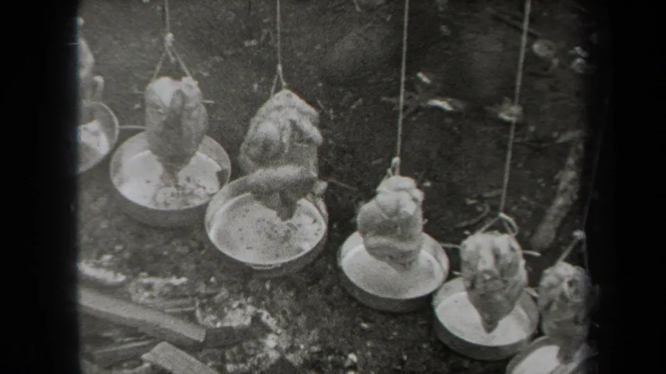 Several whole chickens hang by strings over metal pans in this black-and-white 1938 New York outdoor cooking view.