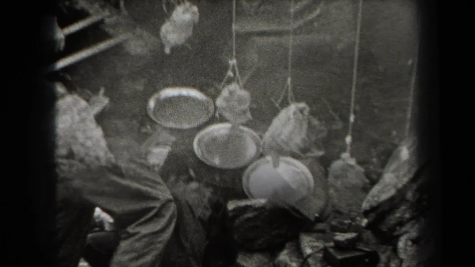 Black-and-white 1938 New York 8mm frame showing suspended birds, pans, and part of a seated person at an outdoor meal site.