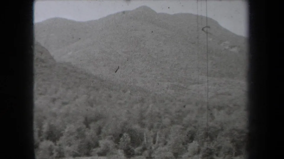 Scenic home-movie view of a wooded mountain landscape in New York, filmed on grainy 8mm stock.