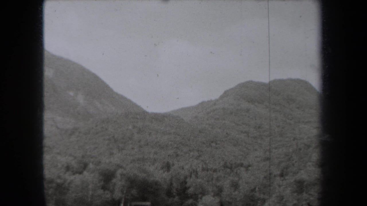 Forested mountain slopes seen through a dark 8mm frame edge.