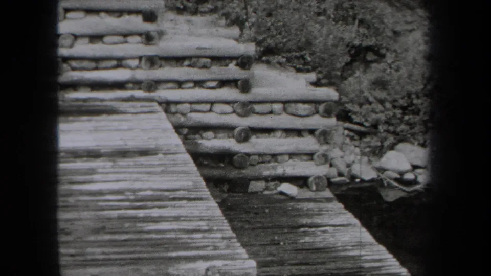 Black-and-white 8mm view of a log structure, plank walkway, stones, and surrounding foliage in New York.