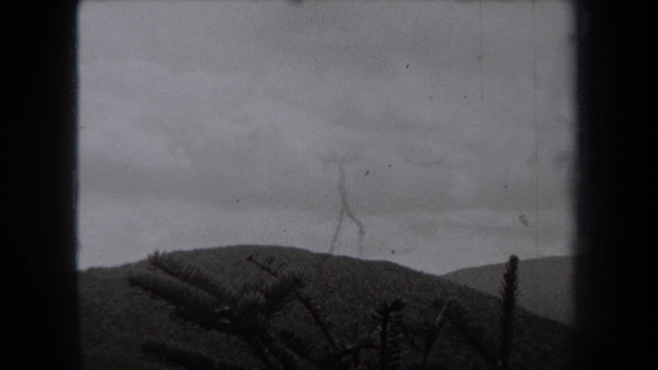 1938 New York home-movie frame showing a soft mountain ridge, overcast sky, and silhouetted evergreen branches within 8mm borders.