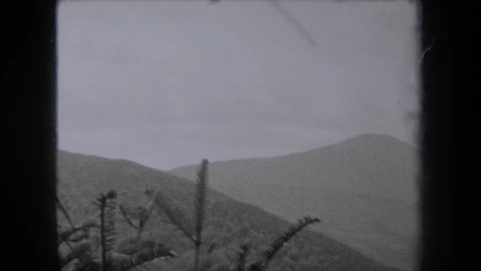 1938 New York landscape frame with layered mountain slopes, hazy sky, and sparse evergreen tips in the foreground.