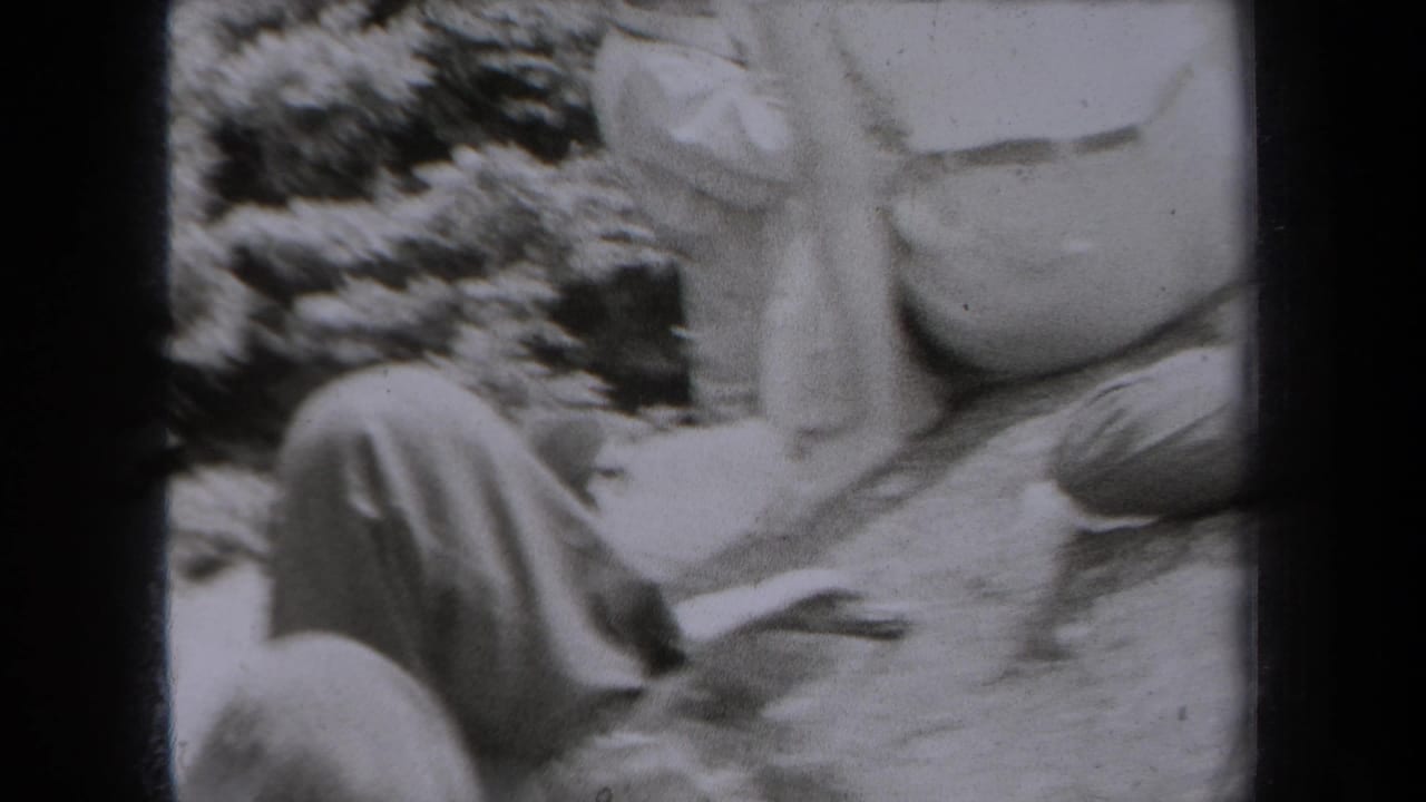 1938 New York home-movie frame showing family members seated near rocks and trees on an outdoor overlook.