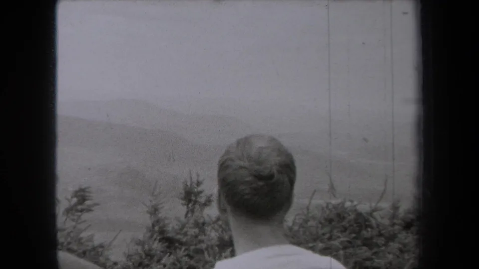 Adult man seen from behind, centered in a soft 8mm frame, facing shrubs and misty New York hills.