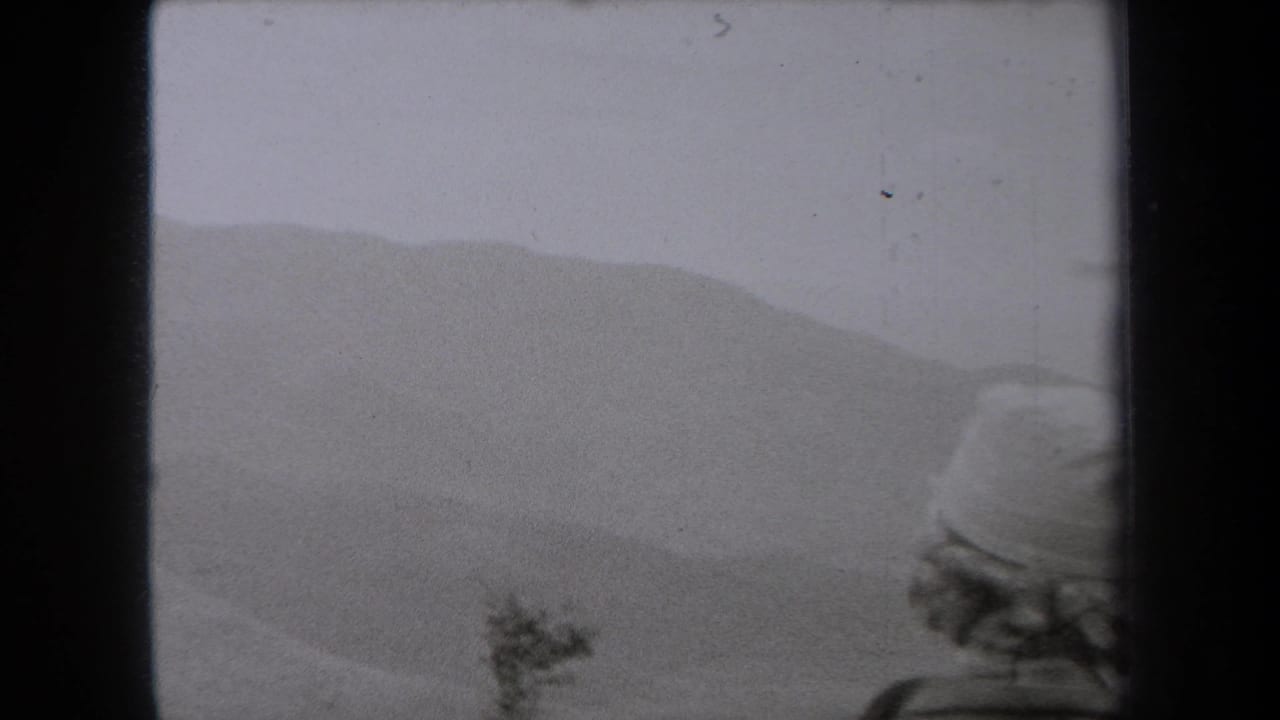 1938 New York home-movie frame showing a hat-wearing figure from behind near hazy, layered sand dunes.