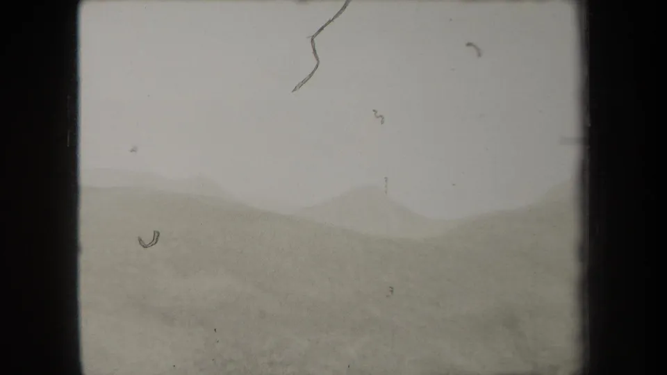 A subdued New York landscape frame from 1938 showing hazy hills and a pale sky, with visible 8mm scratches and dust.
