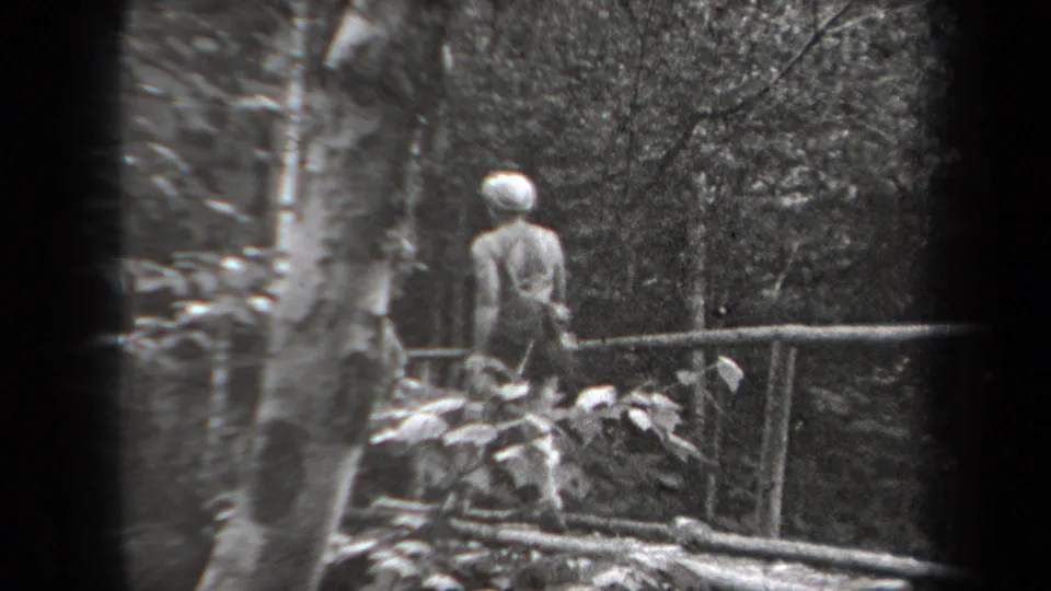The woman appears smaller in the frame as she reaches the farther part of the wooden bridge within the wooded New York setting.