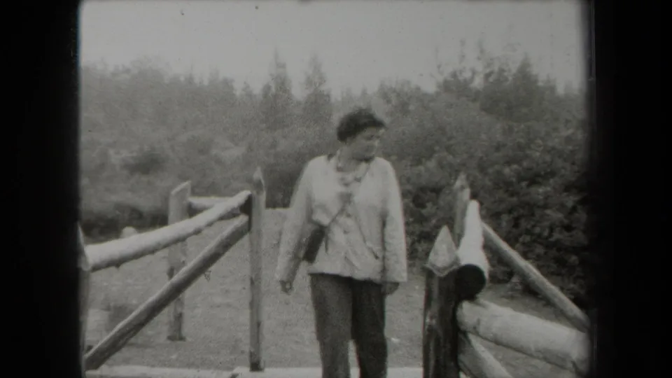At the end of the clip, the woman is near the foreground on the rustic bridge, with wooded foliage and railings still visible behind her.