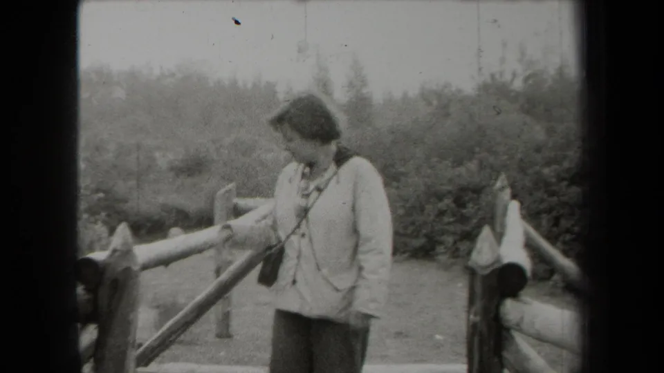 The woman places a hand on the fence rail while looking down in the wooded New York scene identified by the clip metadata.