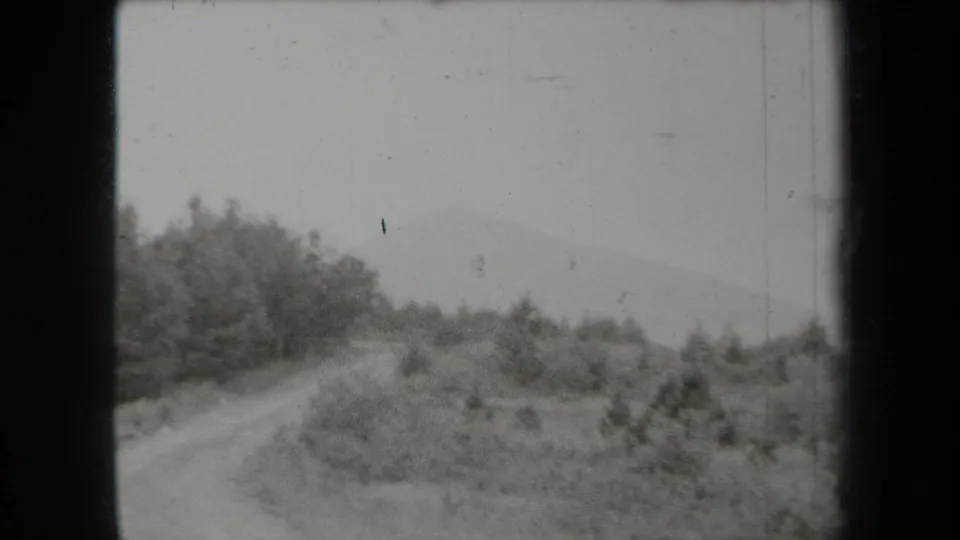 The 1938 New York footage shows a dirt road bordered by trees and low brush under a pale, hazy sky.