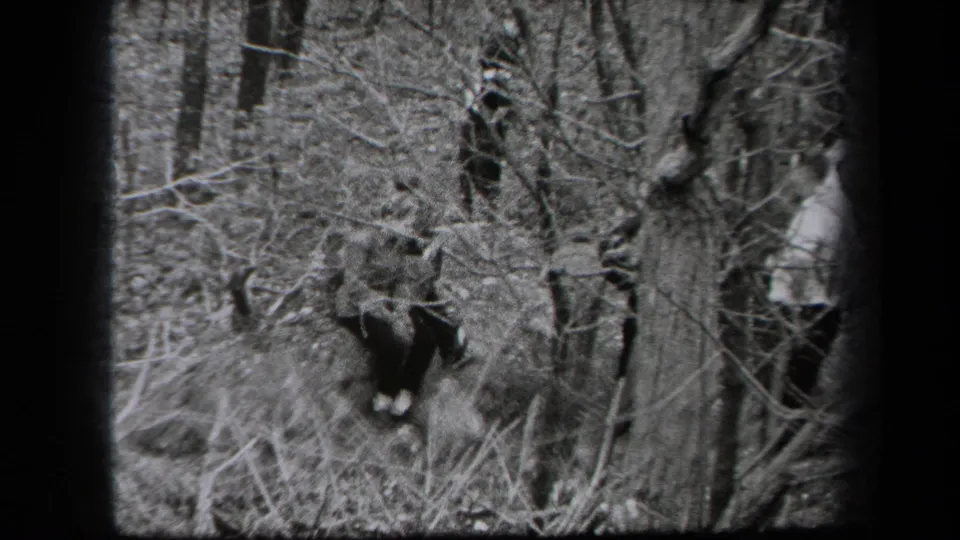 1938 New York woodland frame with a person partly visible among bare trees, brush, and high contrast 8mm exposure.