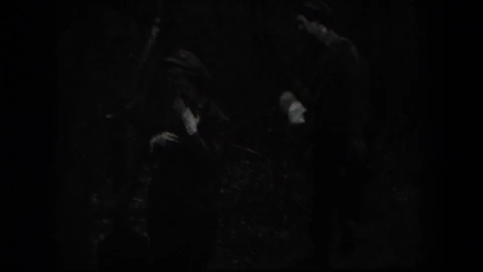 Underexposed 1938 home-movie frame where faint adults appear in a dark wooded area with heavy shadow and film grain.