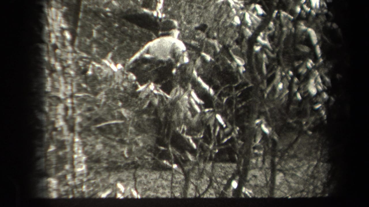 A man appears to climb or scramble through underbrush on a rocky forest slope in 1938 New York home-movie footage.