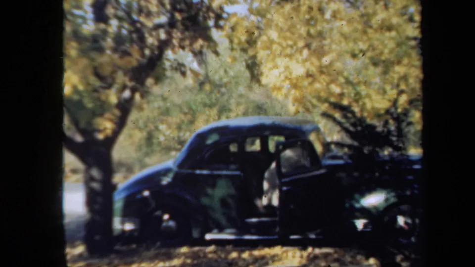 1939 New York 8mm frame showing a person standing at the open door of a dark sedan in dappled autumn light.