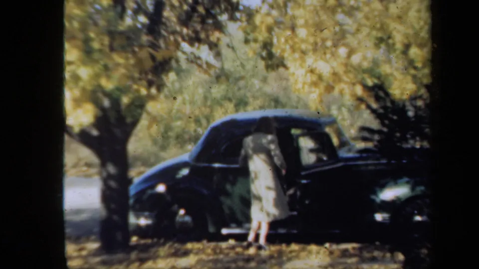 A woman stands beside the dark vintage automobile under yellow autumn foliage, with the car and roadside partly obscured by shadow.
