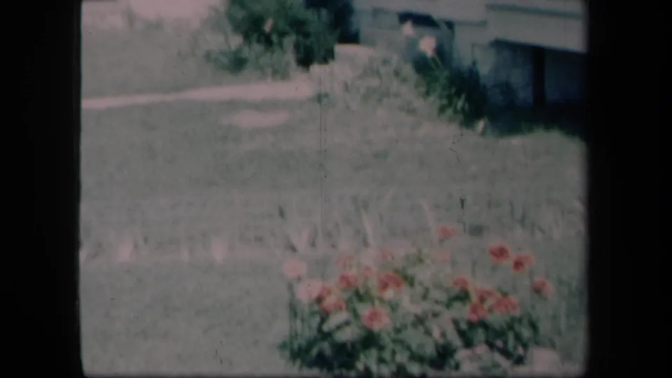1958 New York home-movie frame showing red flowers, lawn and part of a residential exterior in soft 8mm color.