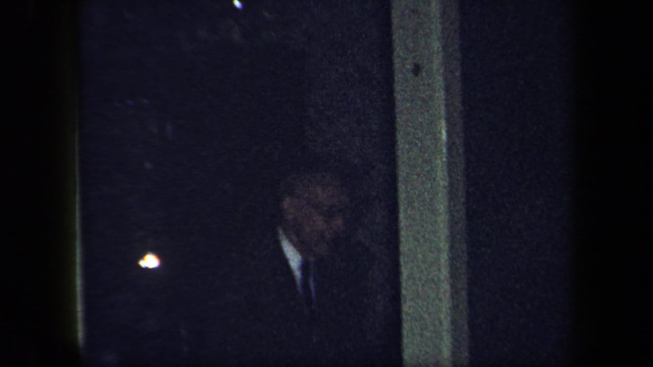 Man in a dark suit standing in a dim interior near a doorway.