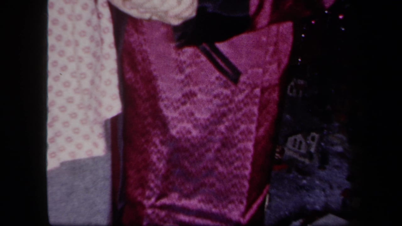 Partial close view of two adults dancing, with a patterned dress and shiny magenta garment visible.