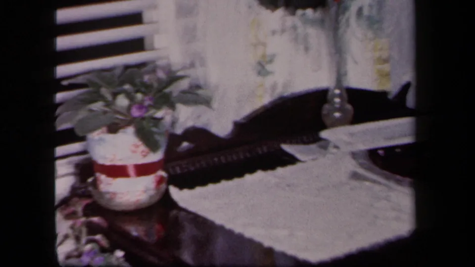 1958 New York home-movie frame showing a decorated tabletop with plant, runner, vase, curtain, and blinds.