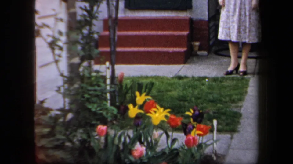 1958 New York home-movie frame with bright tulips, a small lawn, red steps, sidewalk paving, and a partially visible woman by the doorway.