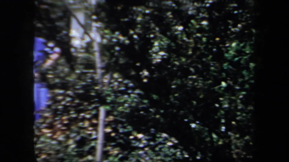 A cropped figure in blue stands near dense garden foliage, with the 8mm frame showing soft focus and heavy dark borders.