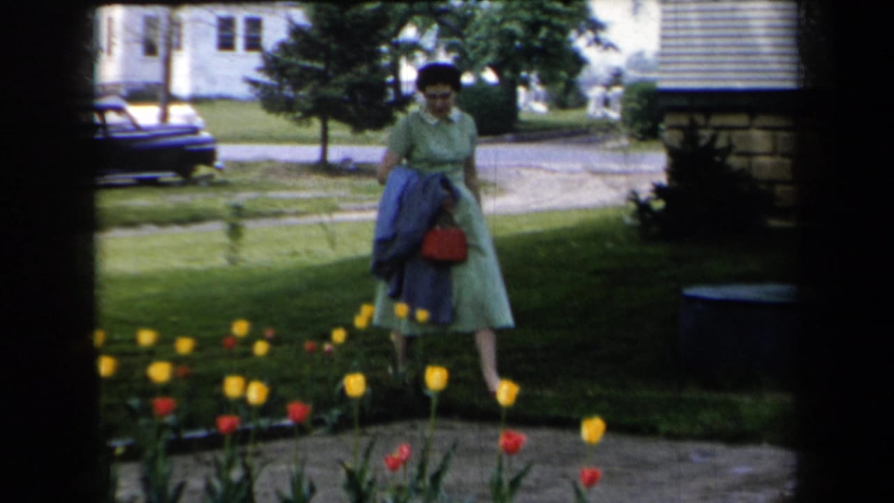 Woman in a green dress walks near red and yellow tulips in a suburban yard.