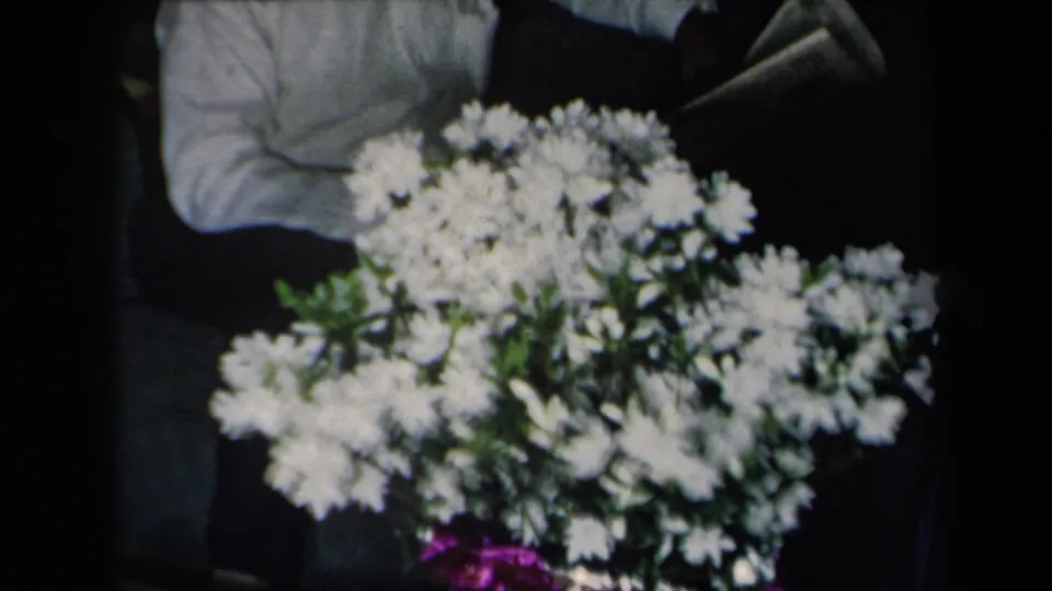 1959 New York 8mm frame showing white flowers in a shiny purple vase, with a partially visible person nearby.