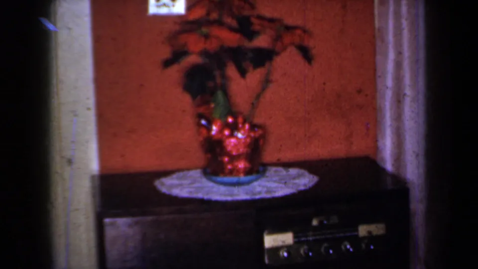 1959 New York home-movie close view of a red poinsettia arrangement on a white doily atop dark furniture in a private room.