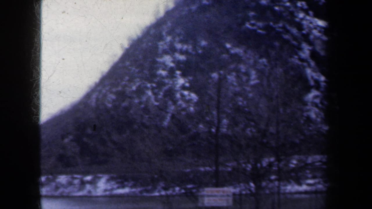 Steep wooded mountain slope with snow patches and a roadside sign.