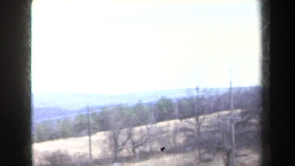 1959 New York 8mm view of pale rural hills beyond leafless trees, partly blocked by a dark vertical edge.
