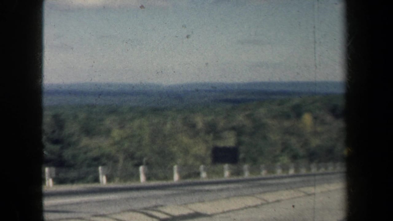 Passenger-view frame of a curving New York roadway, trees, guardrail posts, and blue water in the distance.