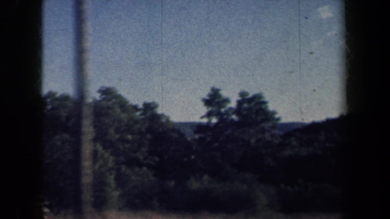 Passenger-side 8mm view of rural New York trees and low hills under a bright sky in 1959 footage.