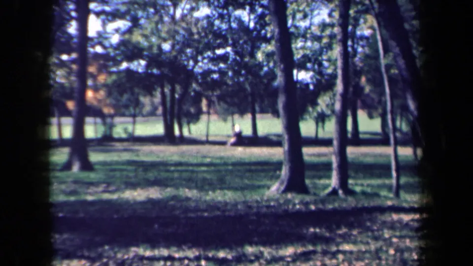 1959 New York park footage frame with trees, dappled grass, and a distant seated person near the back of the scene.