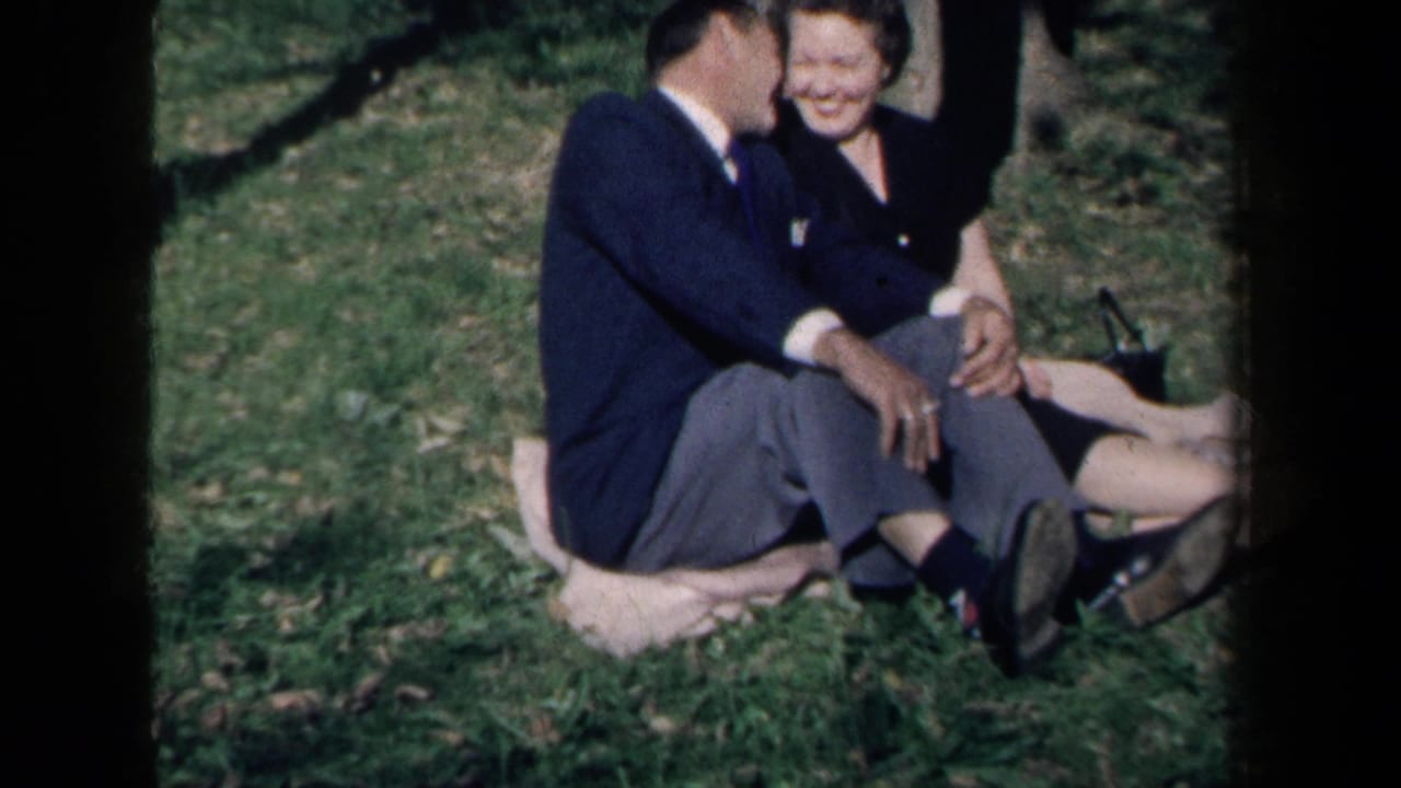 Adult couple seated on grass, leaning close and smiling on a blanket.