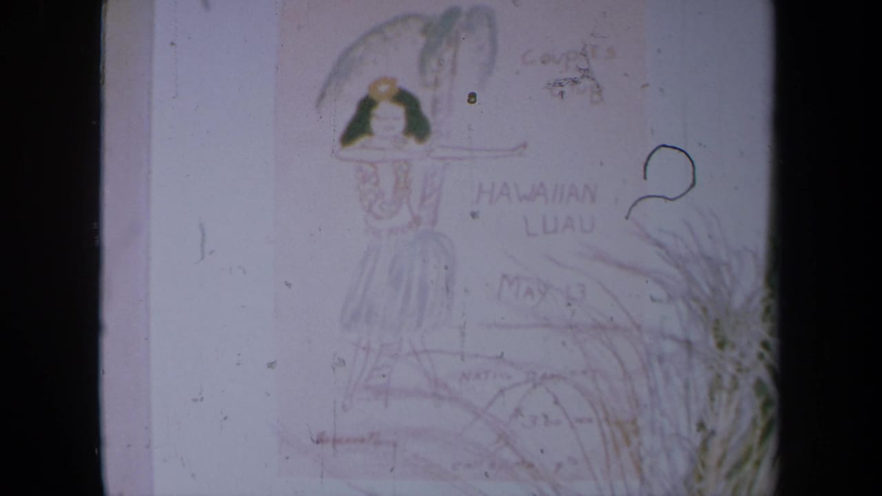 Hand-drawn Hawaiian luau poster with a hula dancer and handwritten text on a wall.
