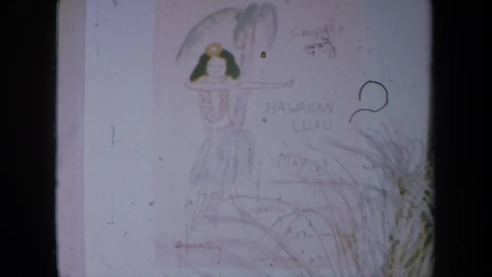 1961 California 8mm frame showing a hand-drawn Hawaiian Luau notice with a hula dancer sketch and wall details.