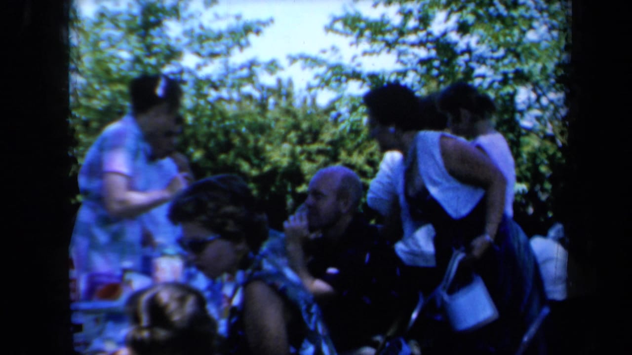 Adults sit and stand near picnic items under trees.
