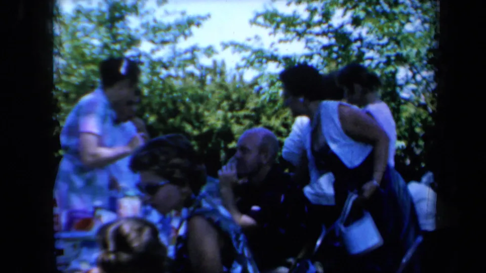 A shaded outdoor group scene shows adults talking and sitting near picnic items in 1961 California.
