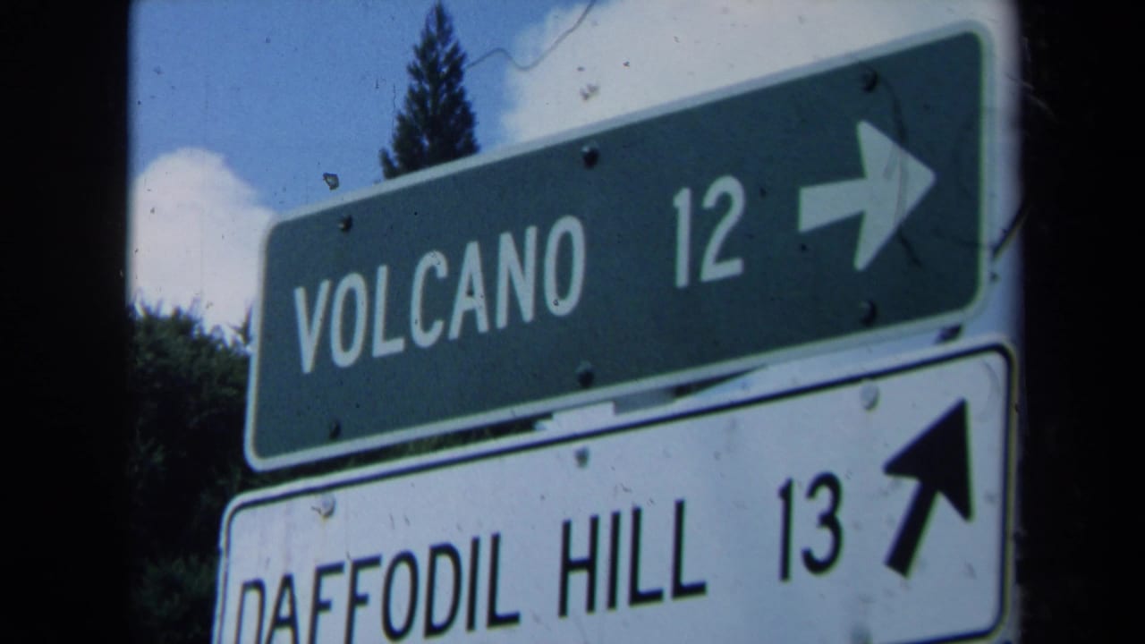 Green Volcano 12 sign above a white Daffodil Hill 13 sign with arrows.