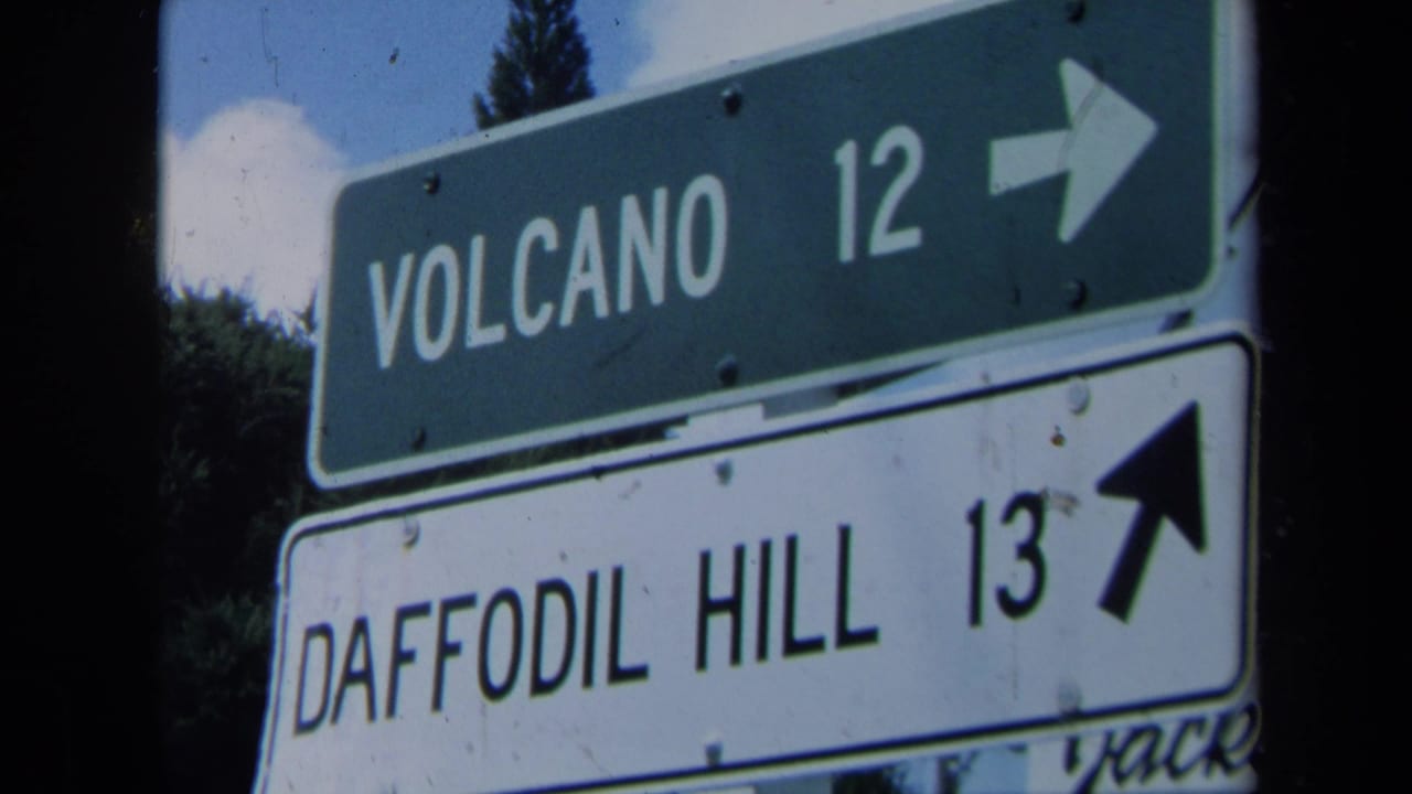 Close view of road signs for Volcano and Daffodil Hill with arrows.