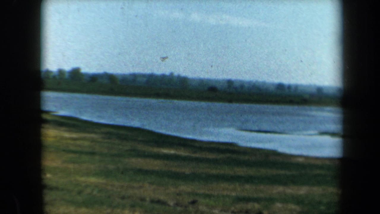 1969 California 8mm frame showing a lake, grassy shoreline, distant tree line, and pale sky from a roadside viewpoint.