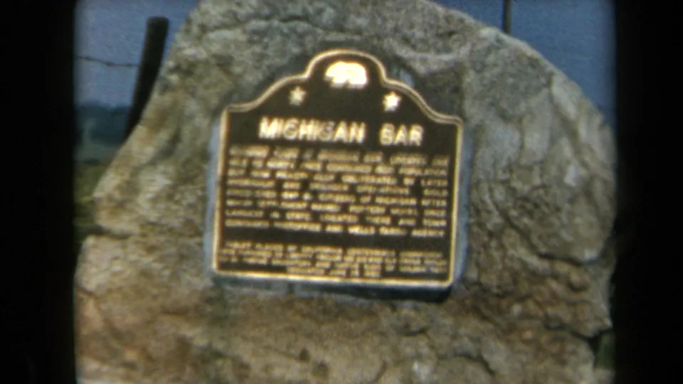 Close 8mm view of the Michigan Bar historical marker on a rough stone, with text visible but not fully legible at this resolution.