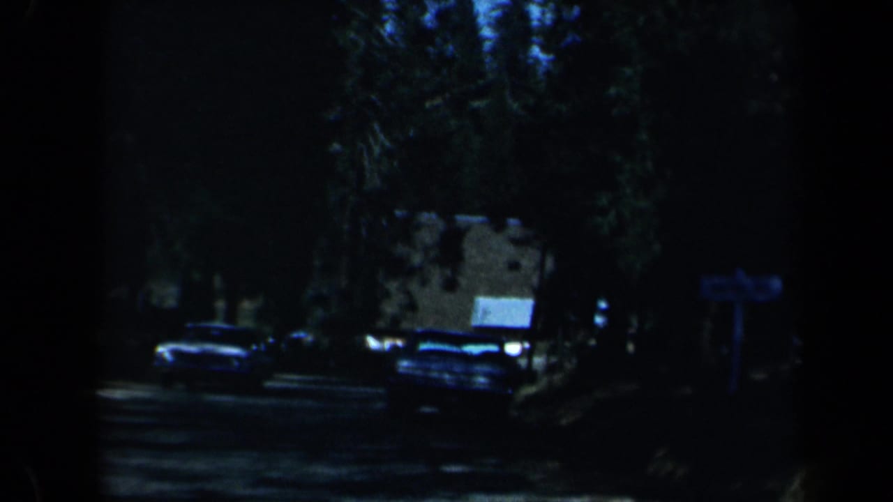 Dark tree-lined road with parked cars and a small building in shadow.