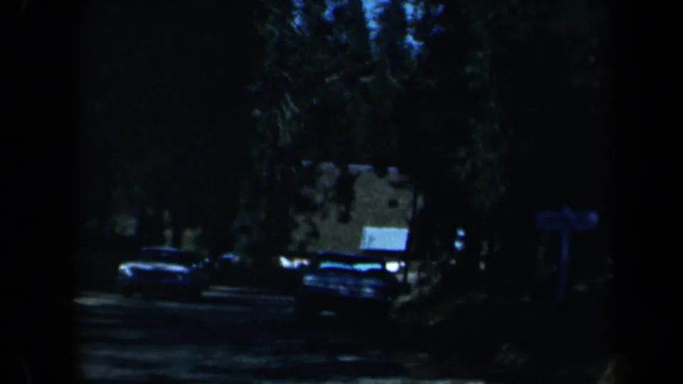 1969 California roadside scene with parked classic cars, dense trees, and a small building in heavy shade.