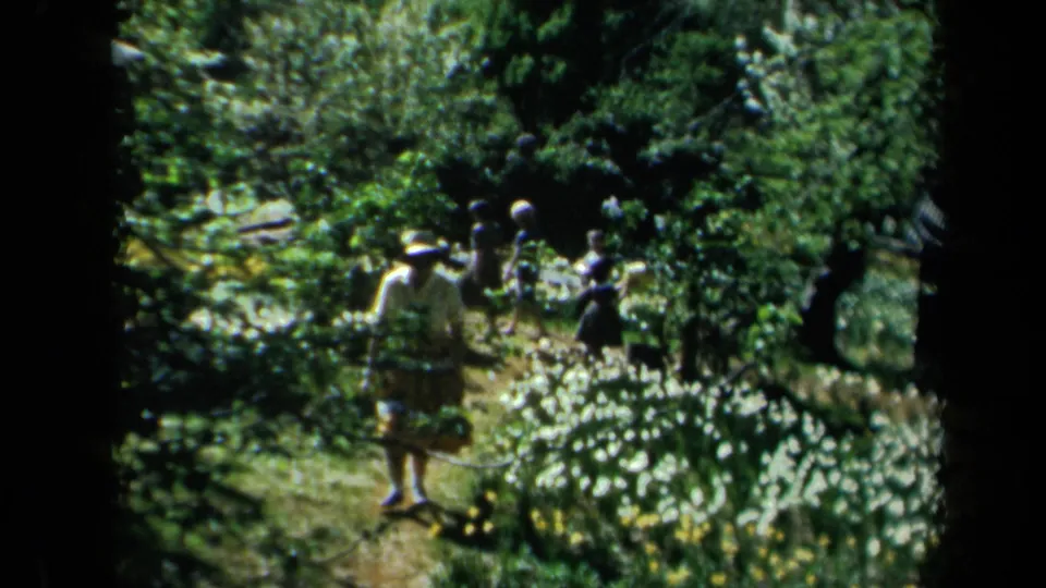 1969 California 8mm frame showing a small group among white flowers, paths, and leafy garden growth.