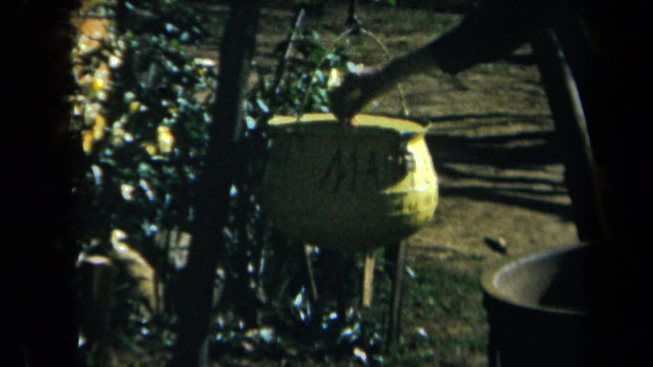 1969 California 8mm frame showing a shaded yard with plants, a yellow garden object, and a partial person-like form near the edge.